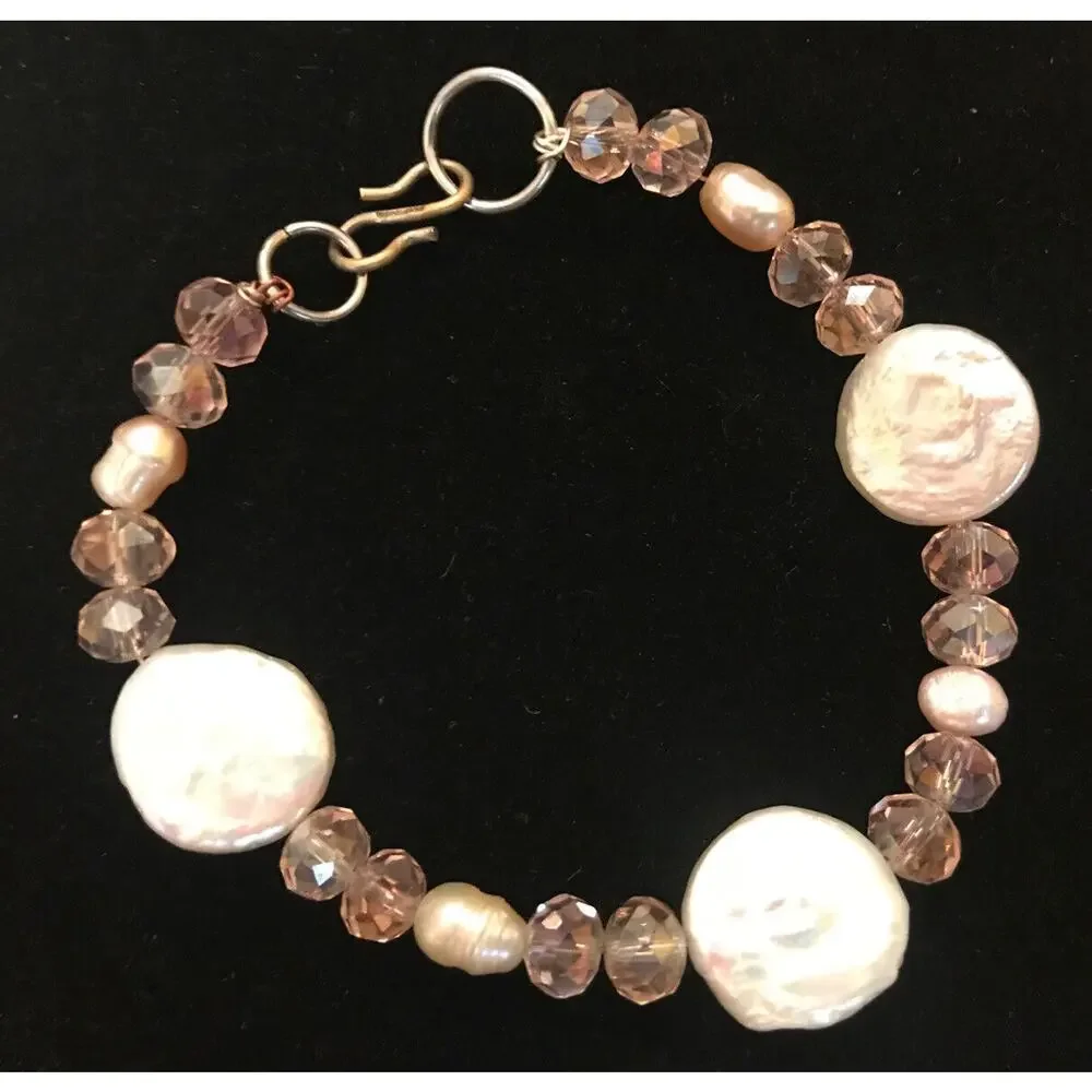 Pink Bead White Stone Silvertone Hardware 8
